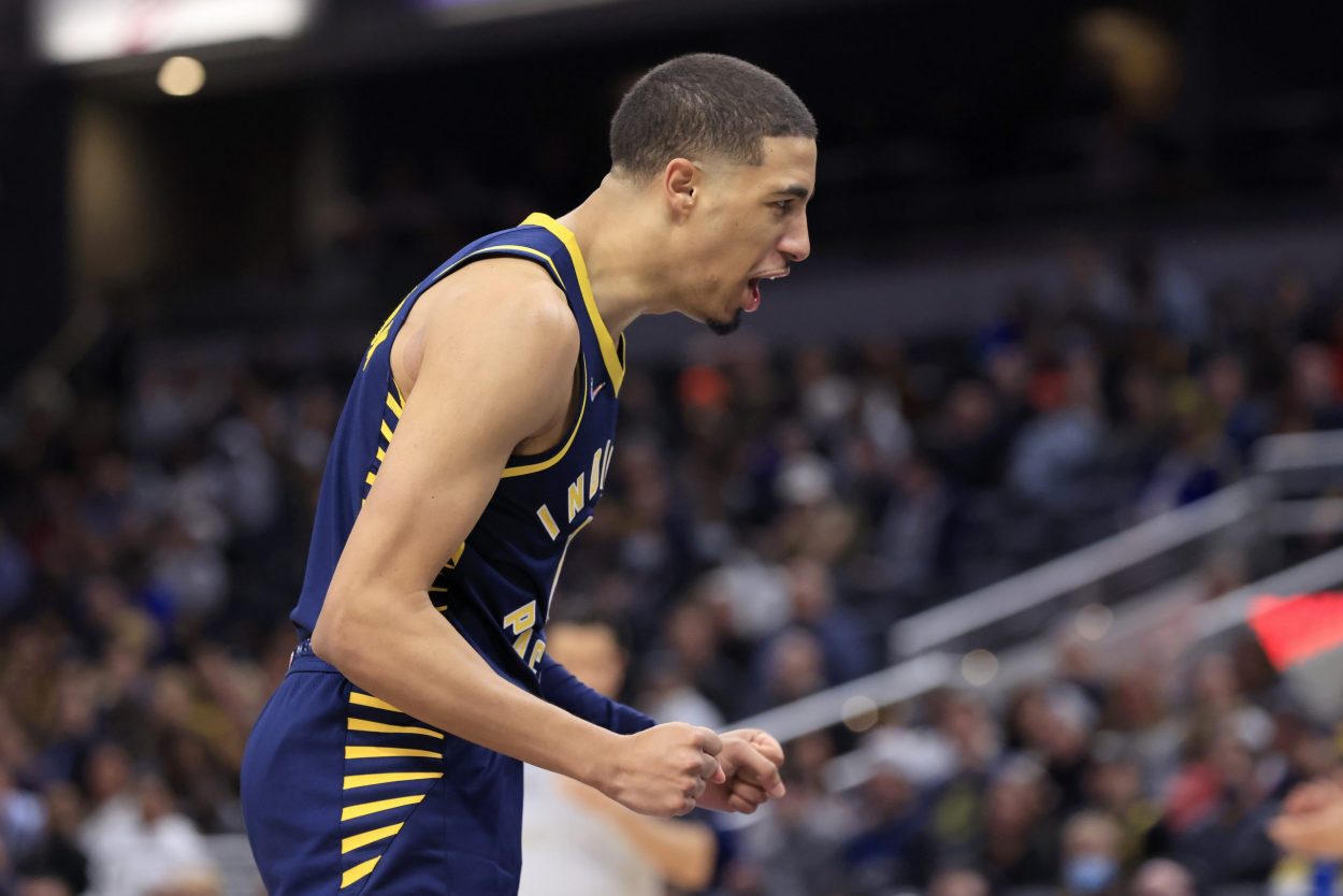 Indiana Pacers point guard Tyrese Haliburton reacts during an NBA game against the Washington Wizards in February 2022