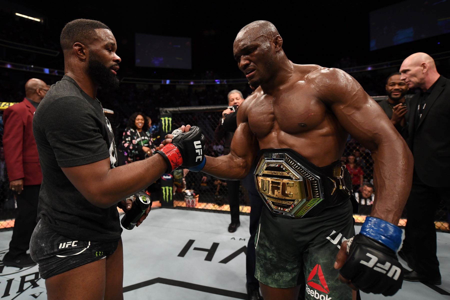 Tyron Woodley and Kamaru Usman after the UFC Welterweight championship match at UFC 235 in Las Vegas, Nevada