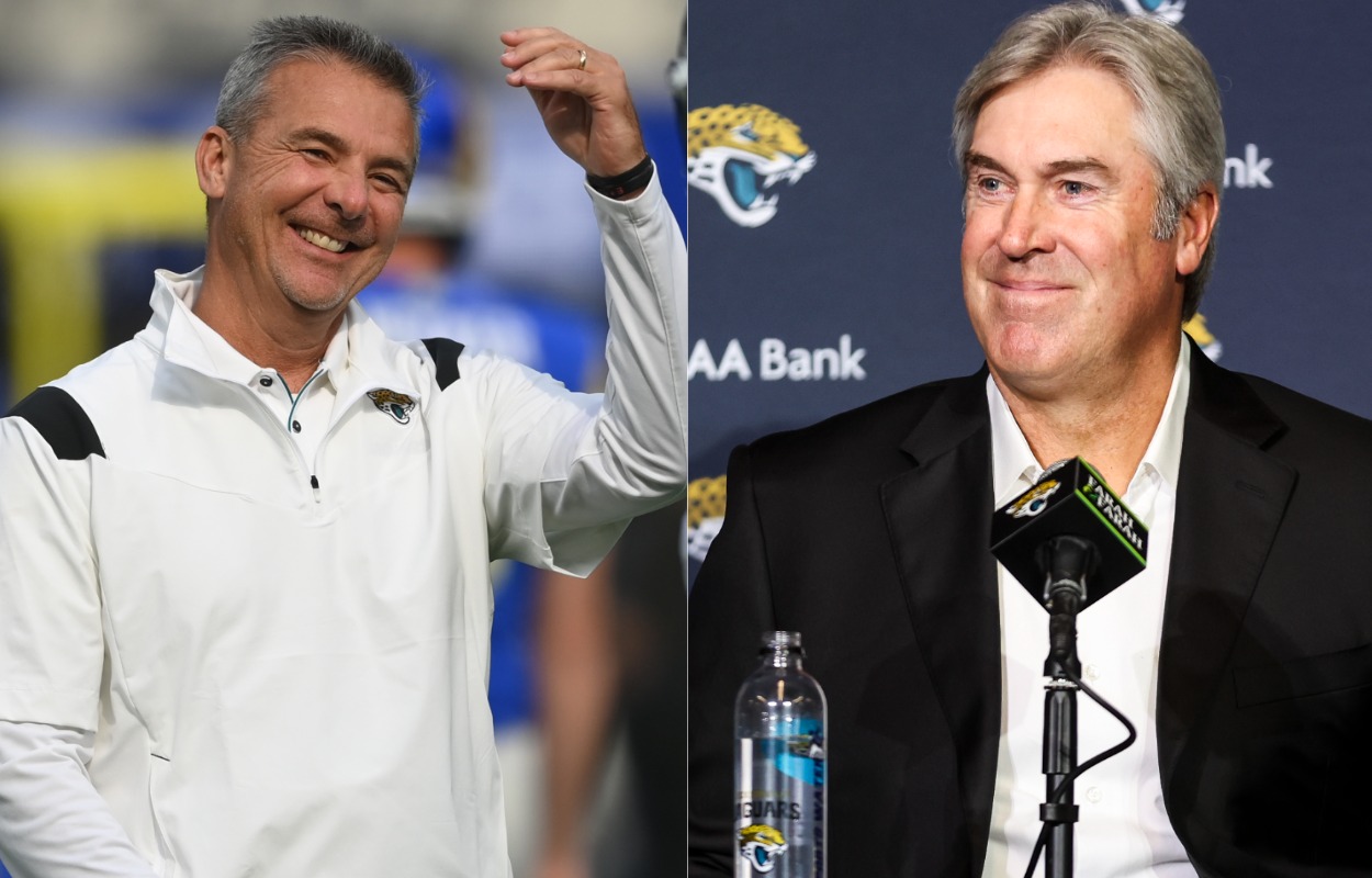 Urban Meyer (L) and new Jacksonville Jaguars head coach Doug Pederson.