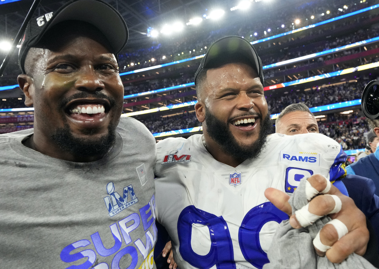 Von Miller, left, and Aaron Donald of the Los Angeles Rams celebrate after the Rams defeat the Cincinnati Bengals 23-20 in the NFL Super Bowl LVI football game at SoFi Stadium in Inglewood, on Sunday, February 13, 2022. After the game, Miller commented on Donald possibly retiring.