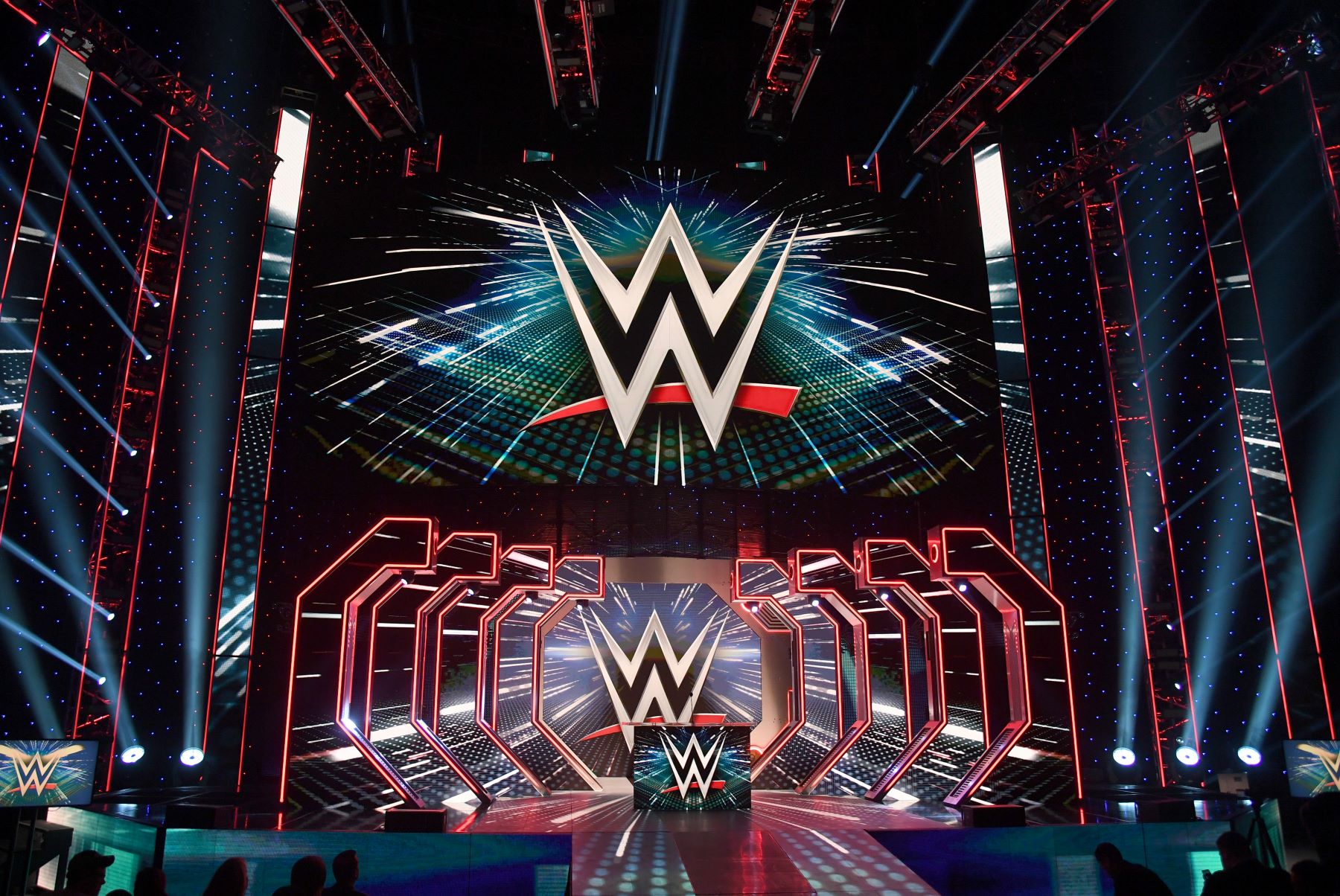 WWE news conference stage with WWE logos at the T-Mobile Arena in Las Vegas, Nevada, which once held 'Ravishing' Rick Rude