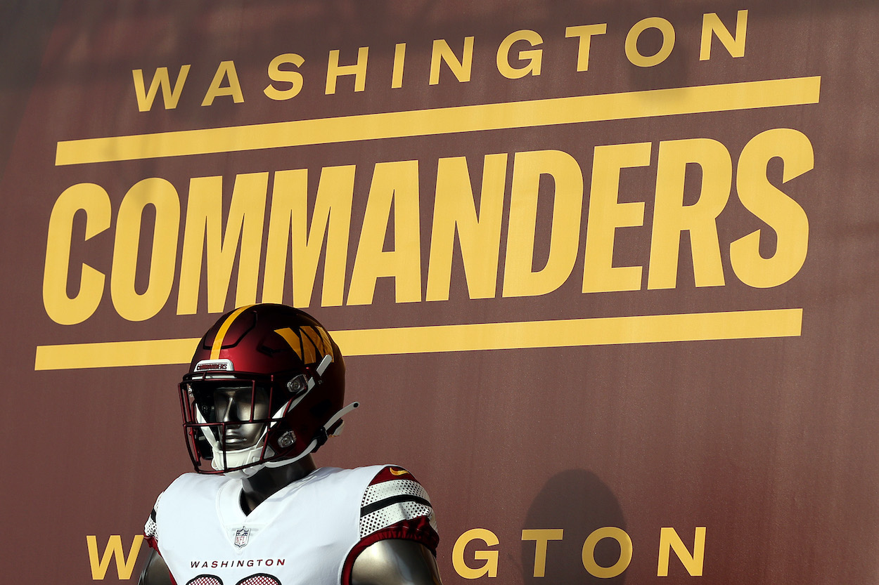 A detailed view of a Washington Commanders logo and new uniform during the announcement of the Washington Football Team's name change to the Washington Commanders at FedExField on February 02, 2022 in Landover, Maryland.