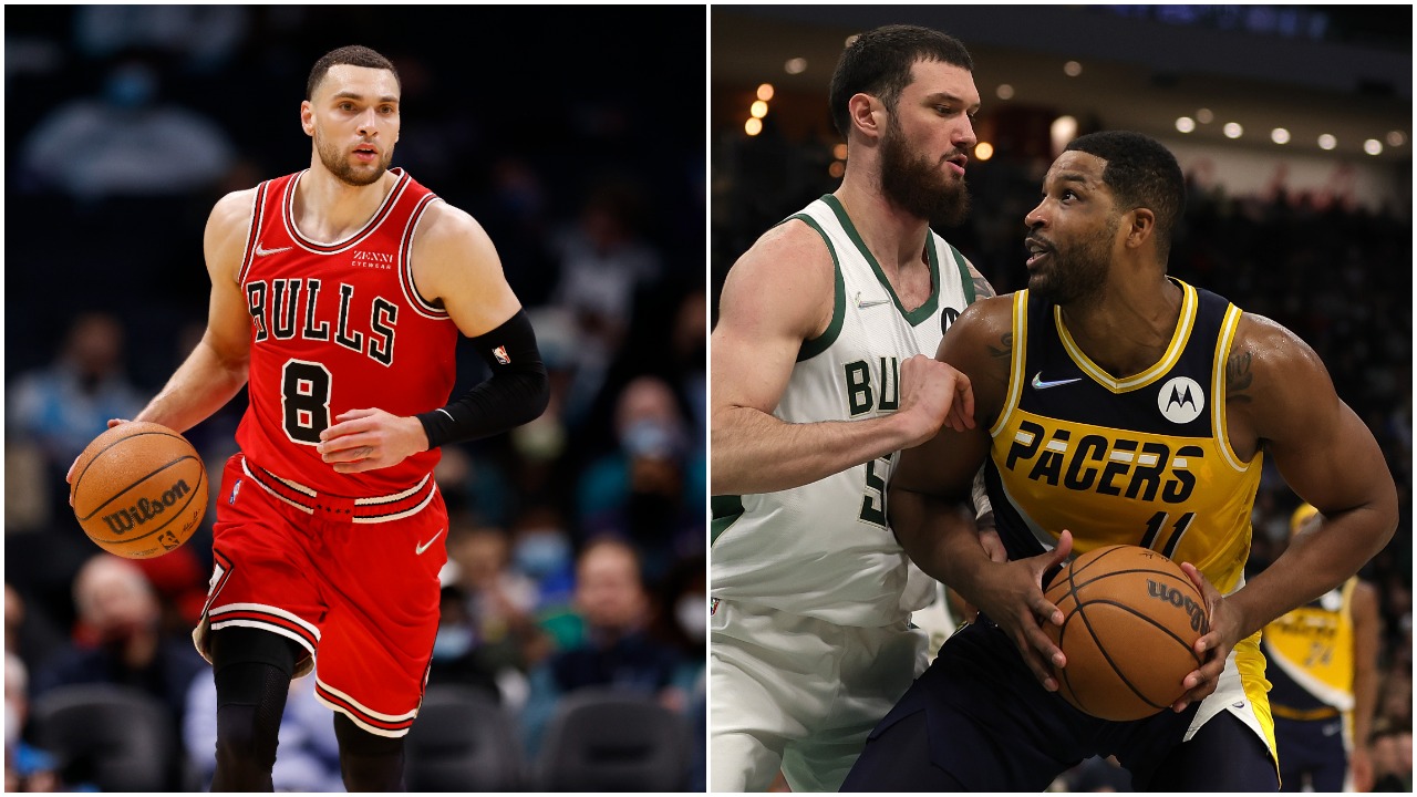 L-R: Chicago Bulls star Zach LaVine dribbles the ball during an NBA game and veteran forward Tristan Thompson battles in the post