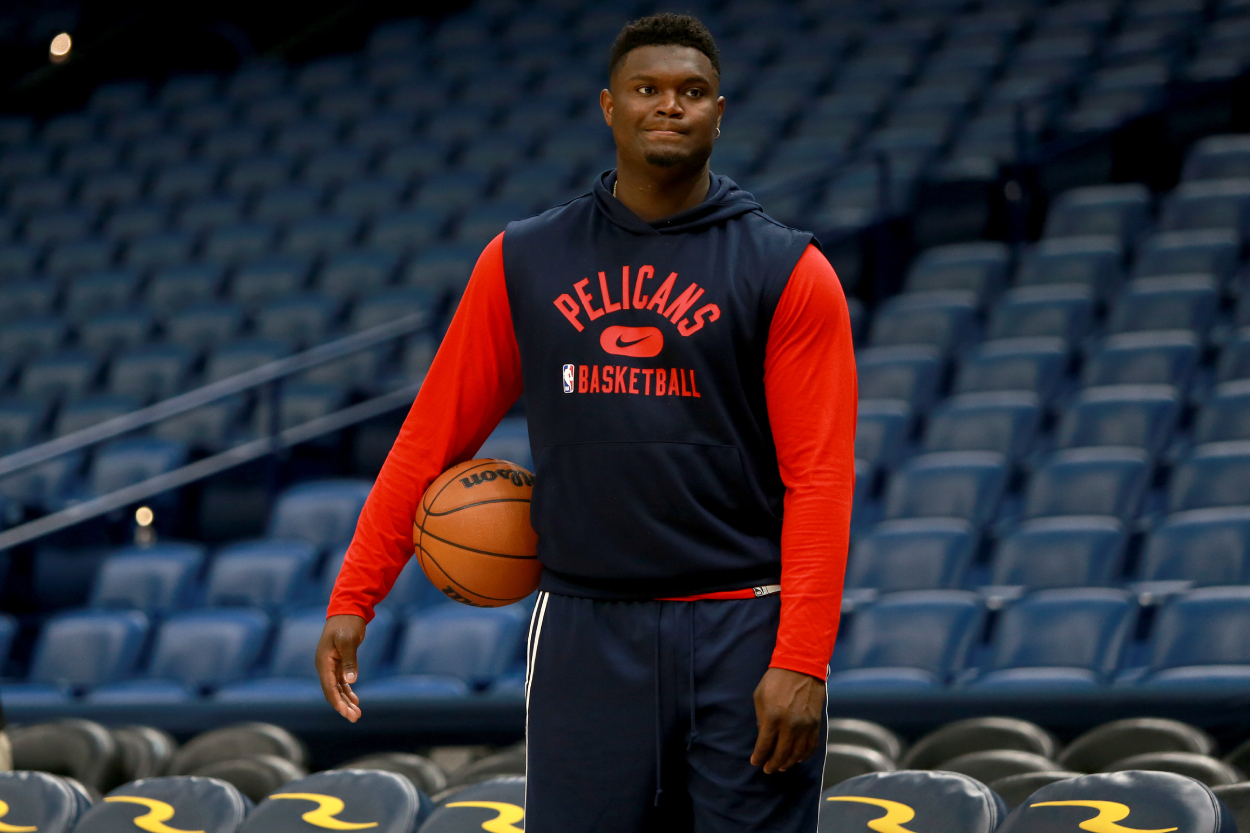 Zion Williamson of the New Orleans Pelicans stands on the court prior to the start of a NBA game against the Memphis Grizzlies.