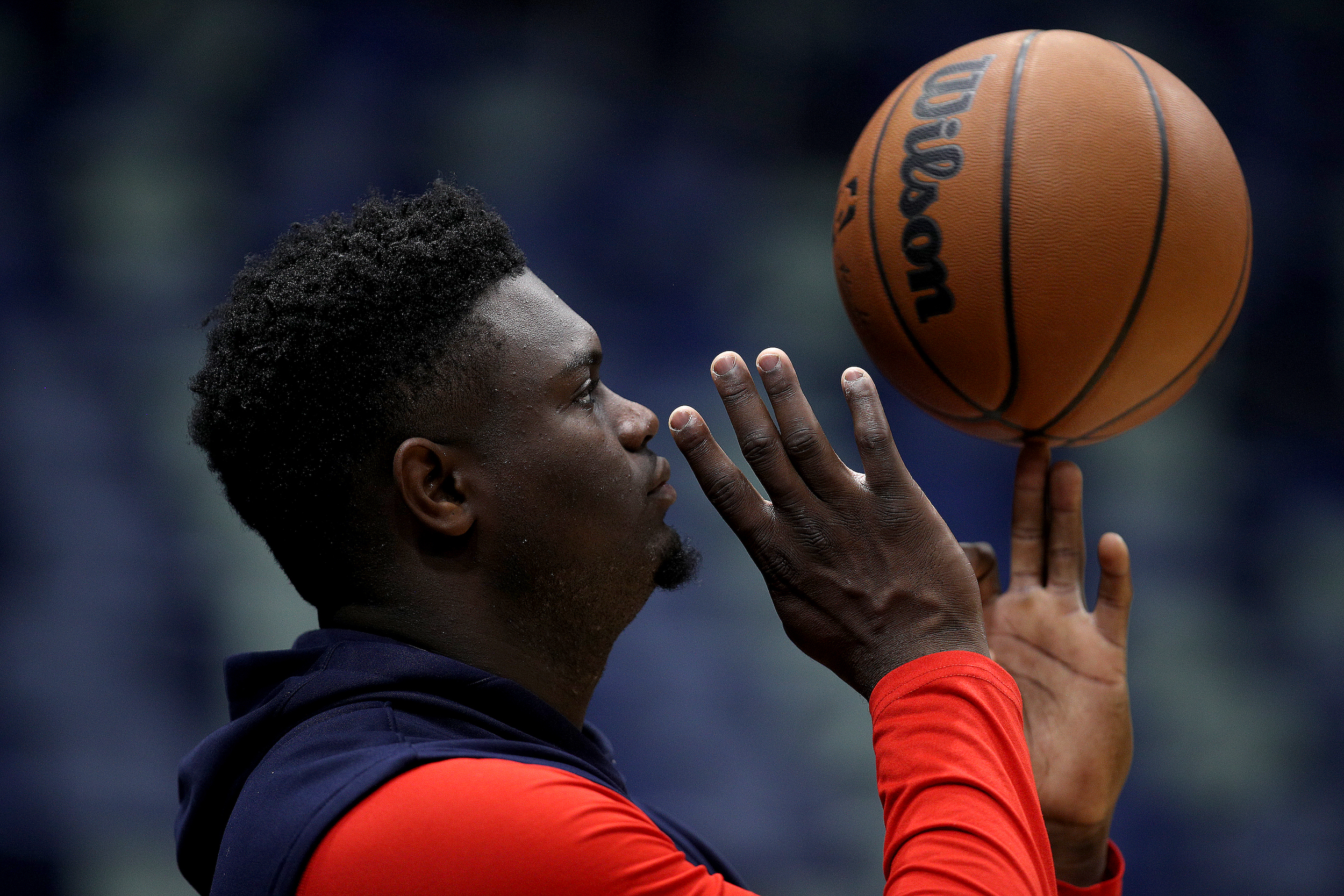 New Orleans Pelicans star Zion Williamson shoots around before an NBA game against the Memphis Grizzlies in November 2021