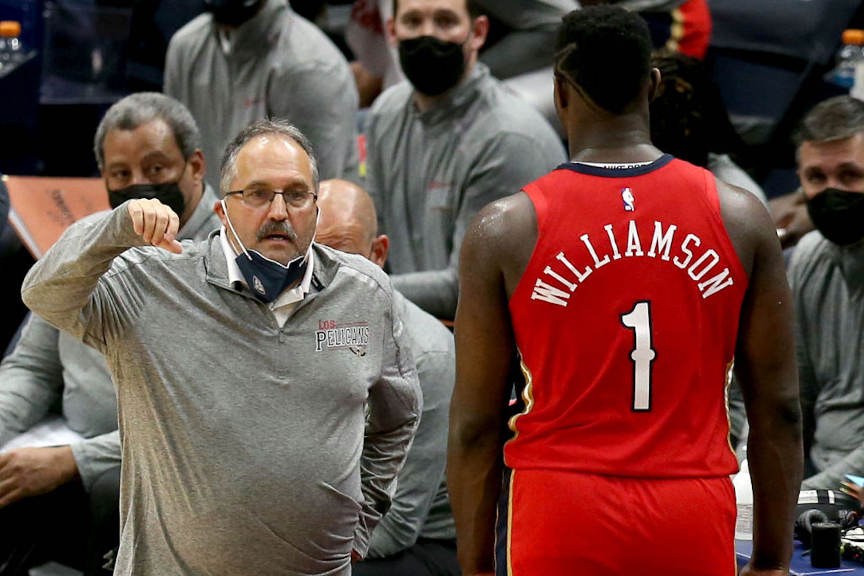 Stan Van Gundy and Zion Williamson during a New Orleans Pelicans game.