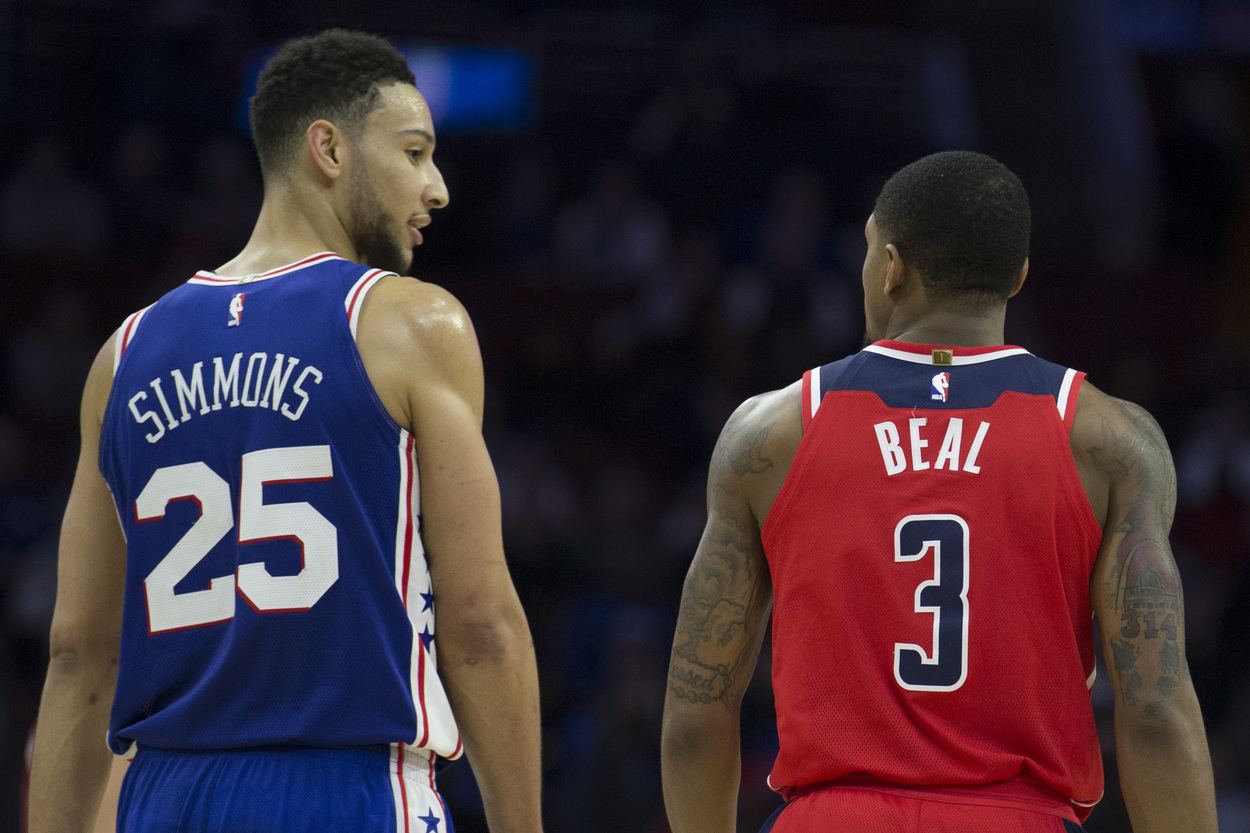 Philadelphia 76ers star Ben Simmons and Washington Wizards star Bradley Beal have a conversation.
