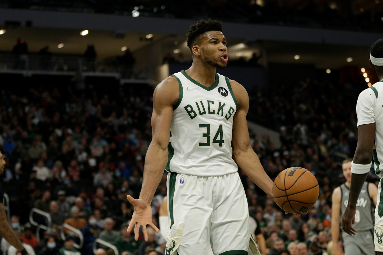 Milwaukee Bucks star Giannis Antetokounmpo reacts to a foul call.