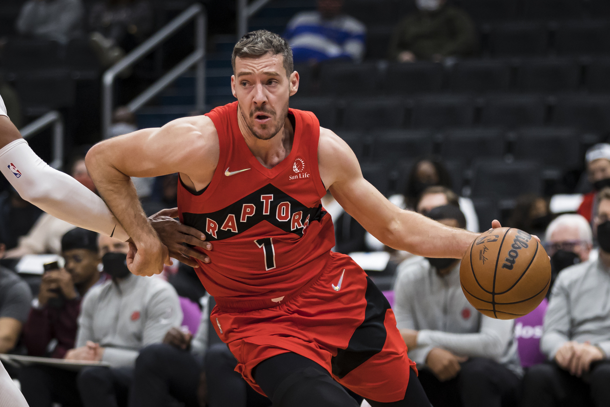 Toronto Raptors guard Goran Dragic drives toward the basket.