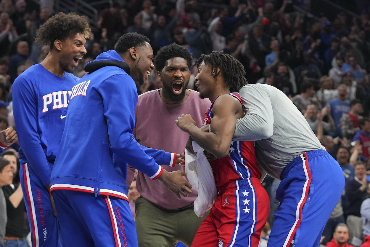 Tyrese Maxey celebrates with the 76ers.