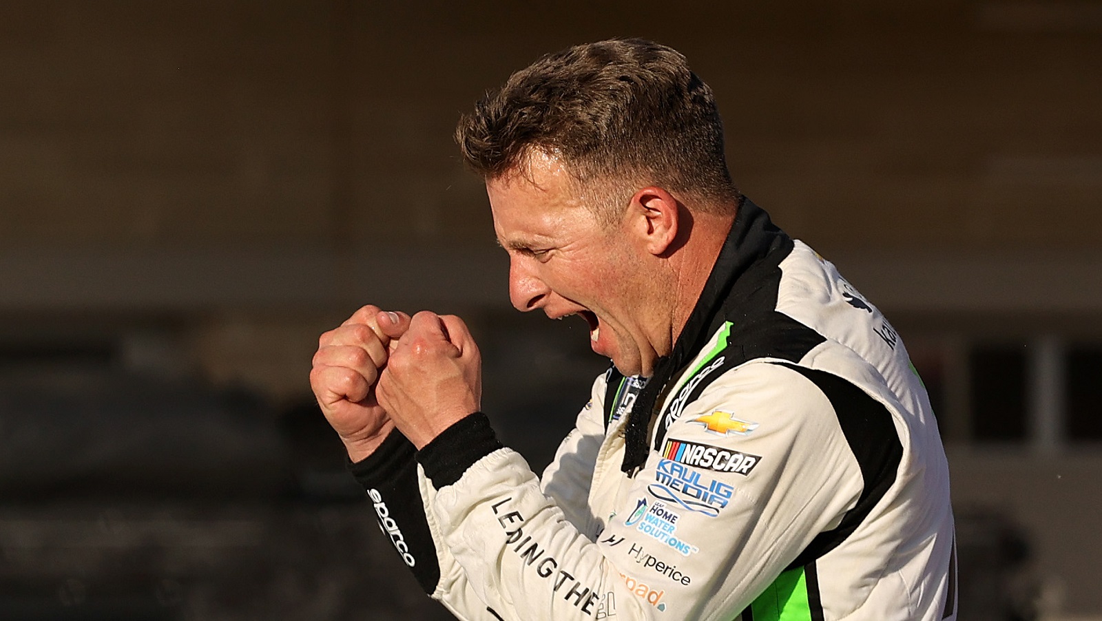 AJ Allmendinger celebrates after winning the NASCAR Xfinity Series Pit Boss 250 at Circuit of The Americas on March 26, 2022 in Austin, Texas.
