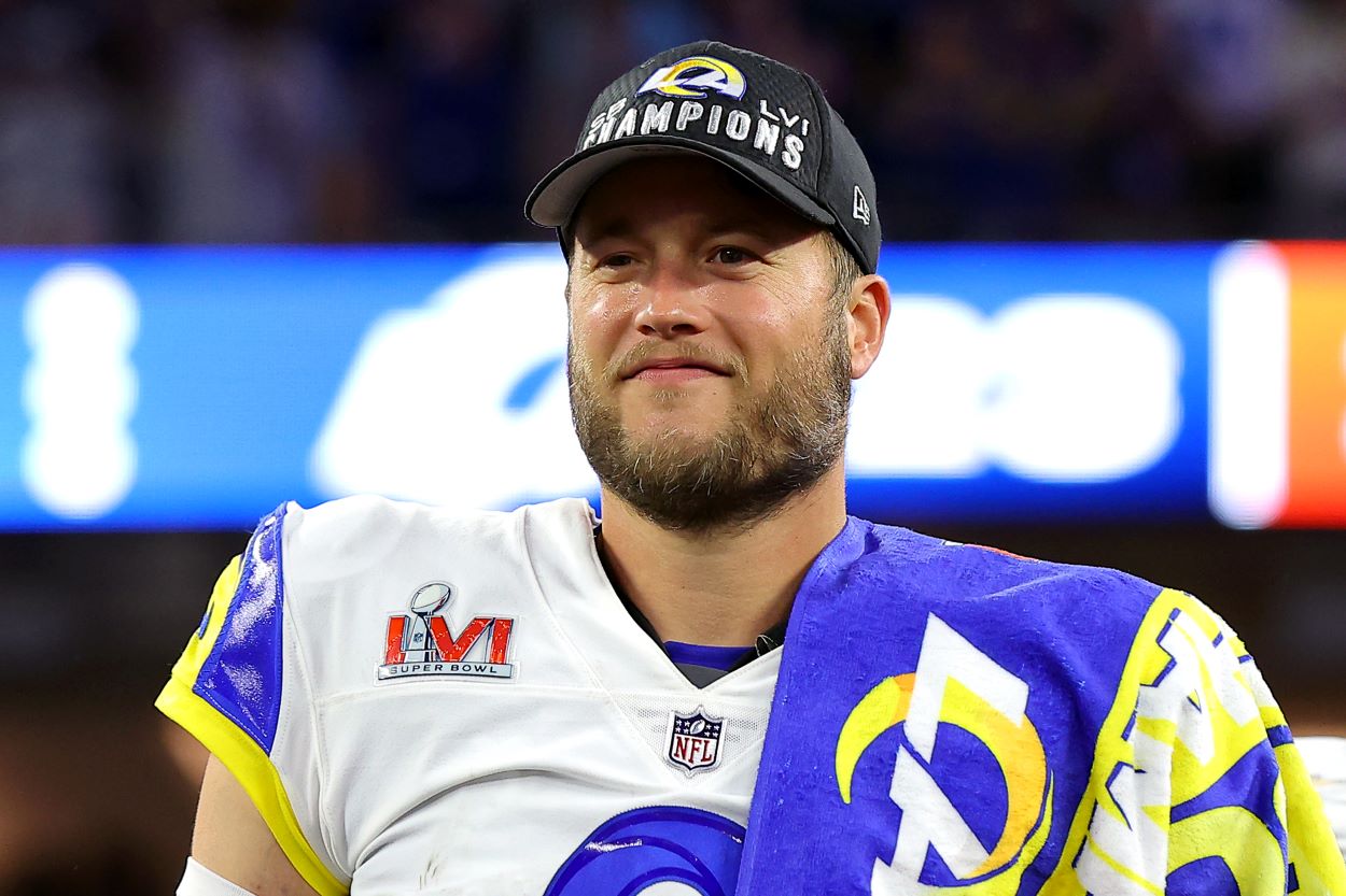Rams quarterback Matthew Stafford celebrates winning Super Bowl 56.