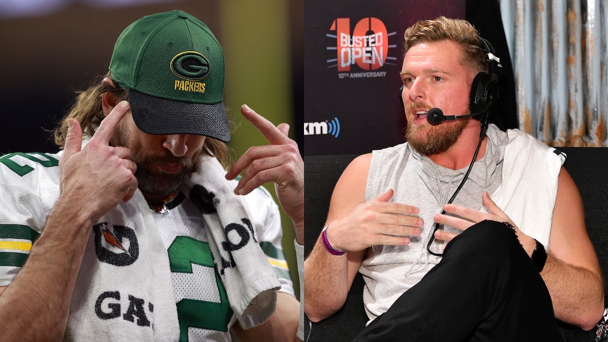 (L-R) Aaron Rodgers points to his Green Bay Packers hat, Pat McAfee sits for an interview.