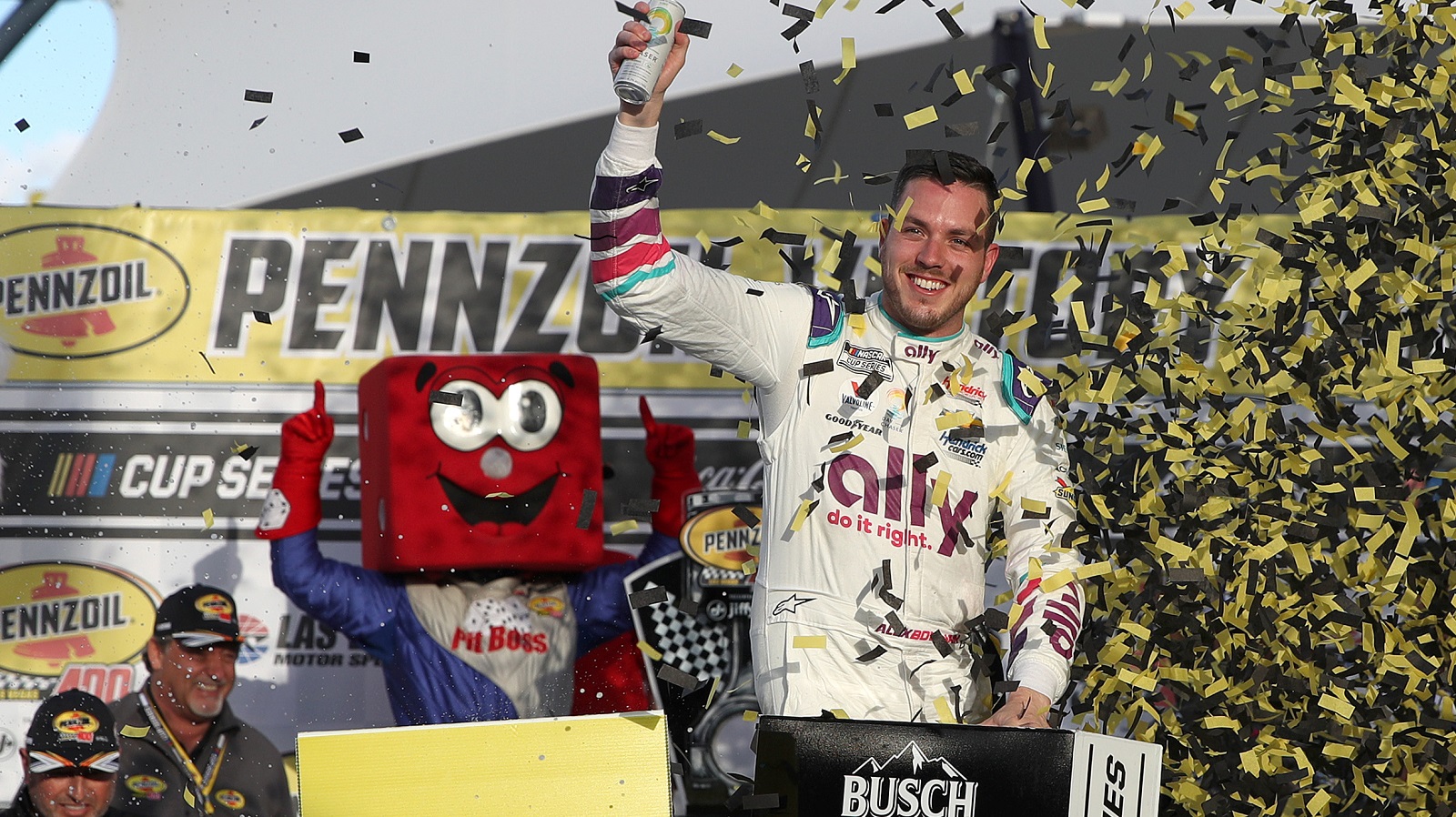 Alex Bowman, driver of the No. 48 Chevrolet, celebrates after winning the NASCAR Cup Series Pennzoil 400 at Las Vegas Motor Speedway on March 6, 2022.