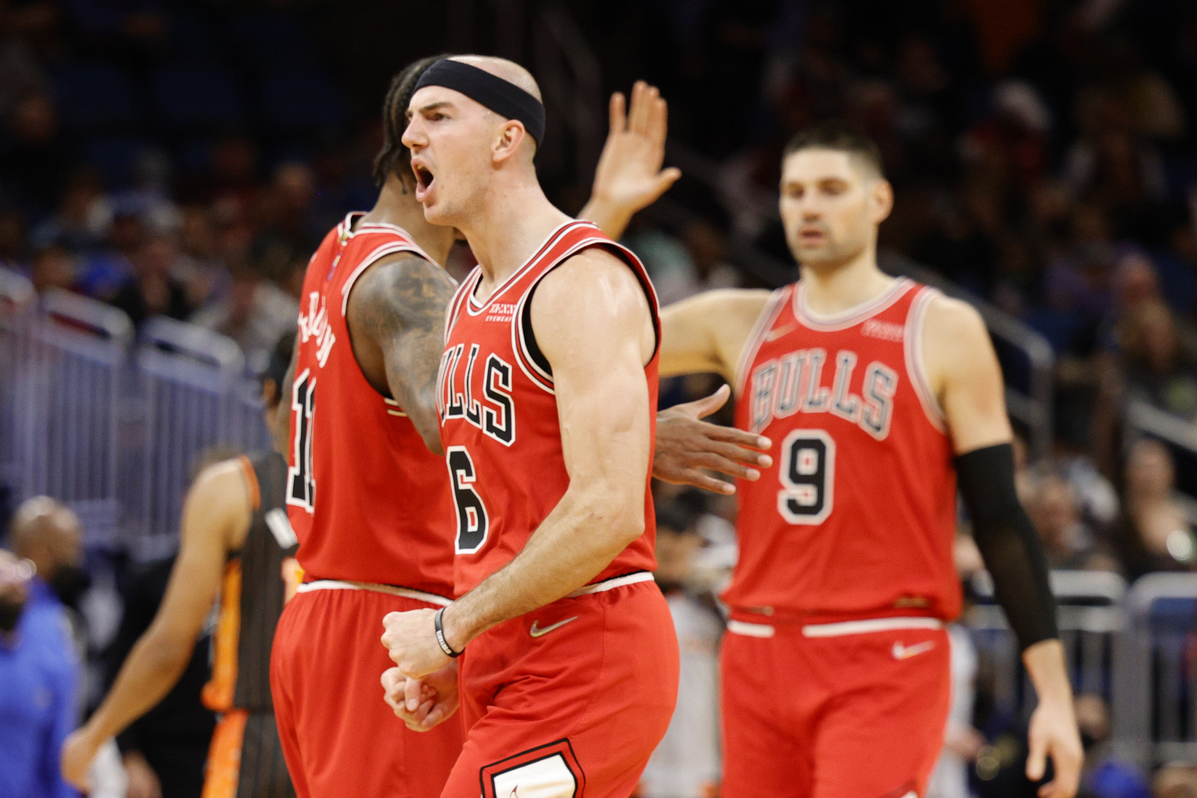 Chicago Bulls guard Alex Caruso reacts during an NBA game in November 2021
