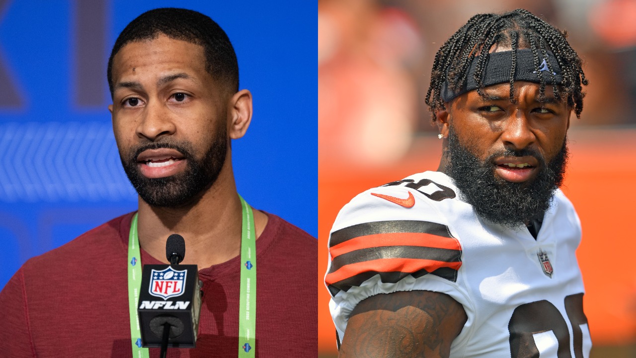 Browns general manager Andrew Berry speaks at the NFL Combine; Jarvis Landry reacts during a game