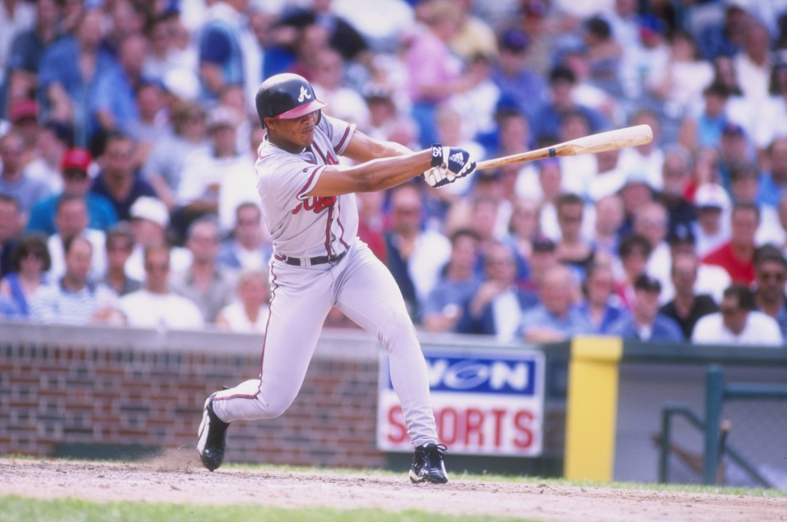 Andruw Jones of the Atlanta Braves in action during a game against the Chicago Cubs at Wrigley Field in Chicago, Illinois.