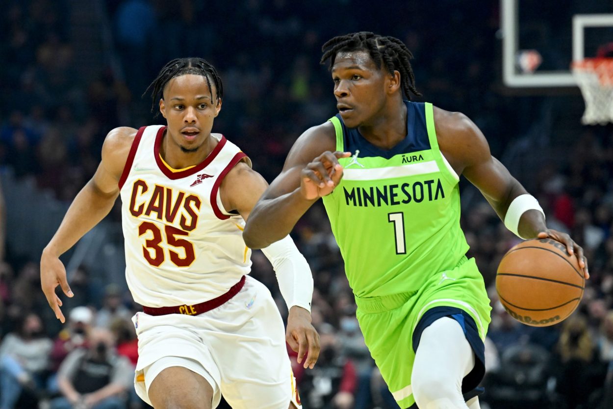 Minnesota Timberwolves star Anthony Edwards #1 drives to the basket during an NBA game against the Cleveland Cavaliers in February 2022