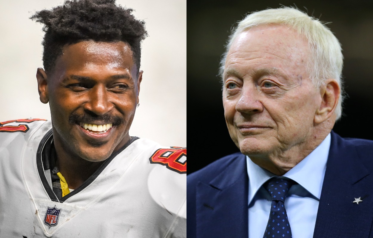 Former Tampa Bay Buccaneers receiver Antonio Brown and Dallas Cowboys owner Jerry Jones.