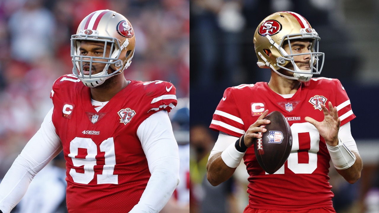49ers defensive end Arik Armstead celebrates after a play; Jimmy Garoppolo drops back for a pass