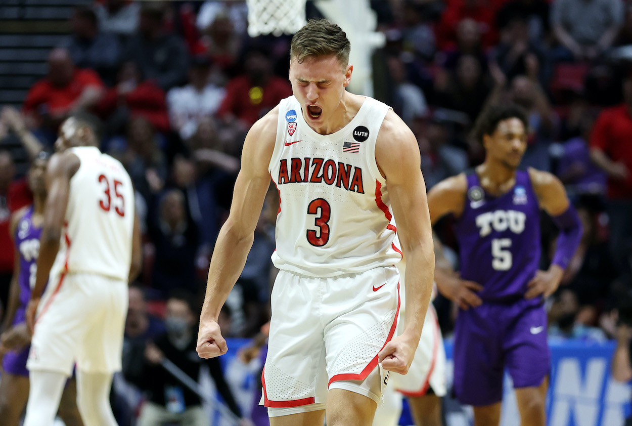 Pelle Larsson of the Arizona Wildcats celebrates a basket.