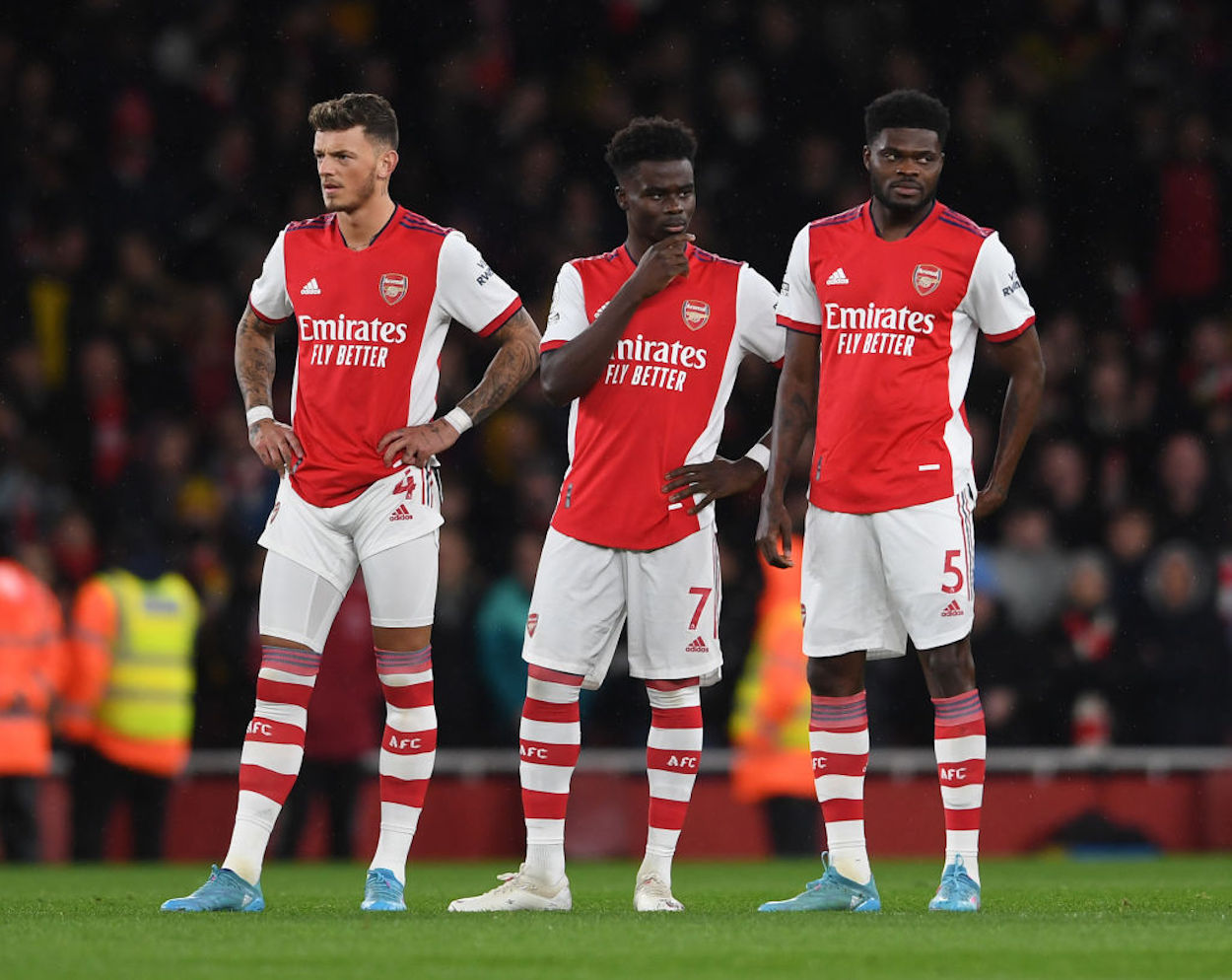Ben White, Bukayo Saka and Thomas Partey before a recent Arsenal match.