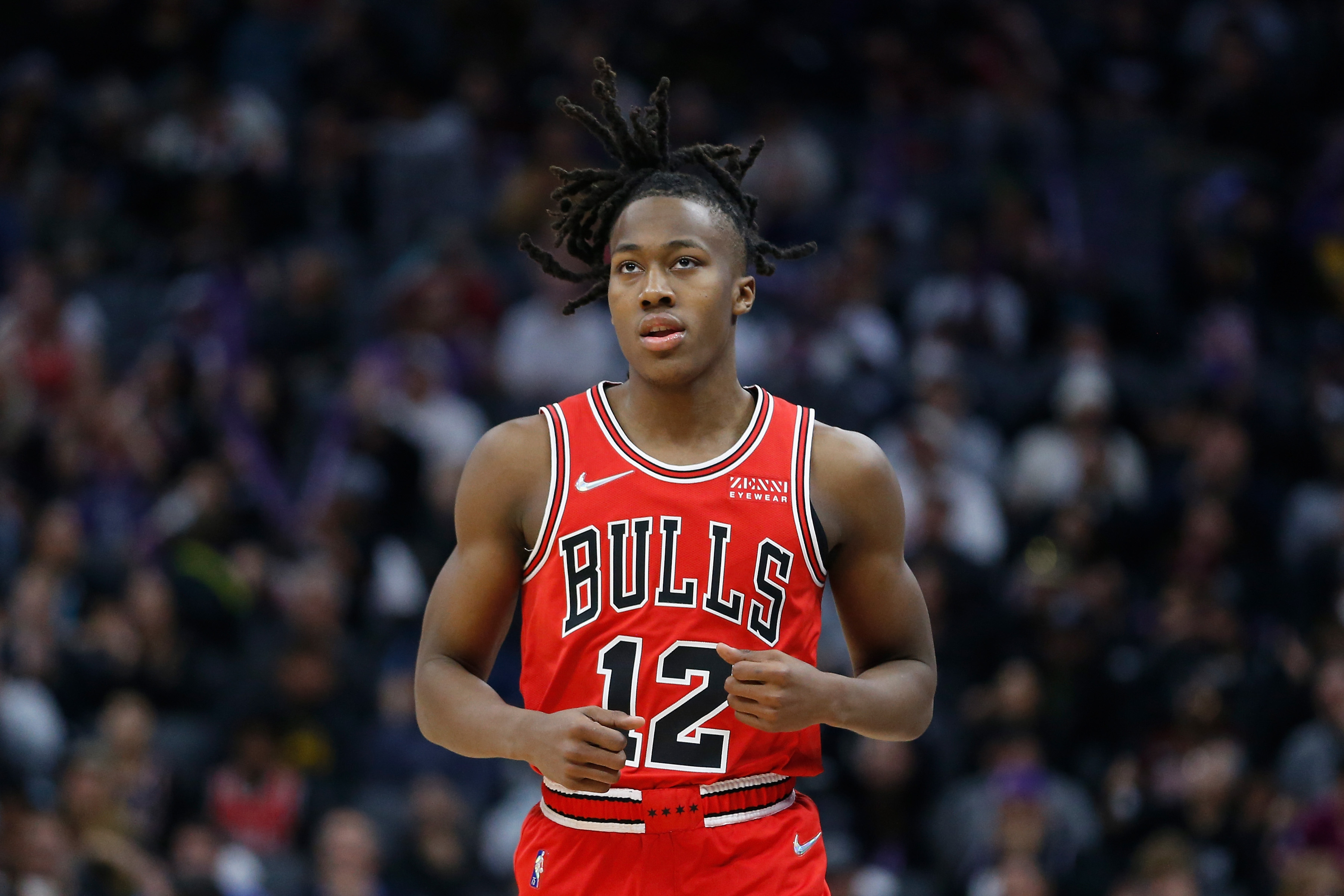 Chicago Bulls guard Ayo Dosunmu reacts during an NBA game against the Sacramento Kings in March 2022