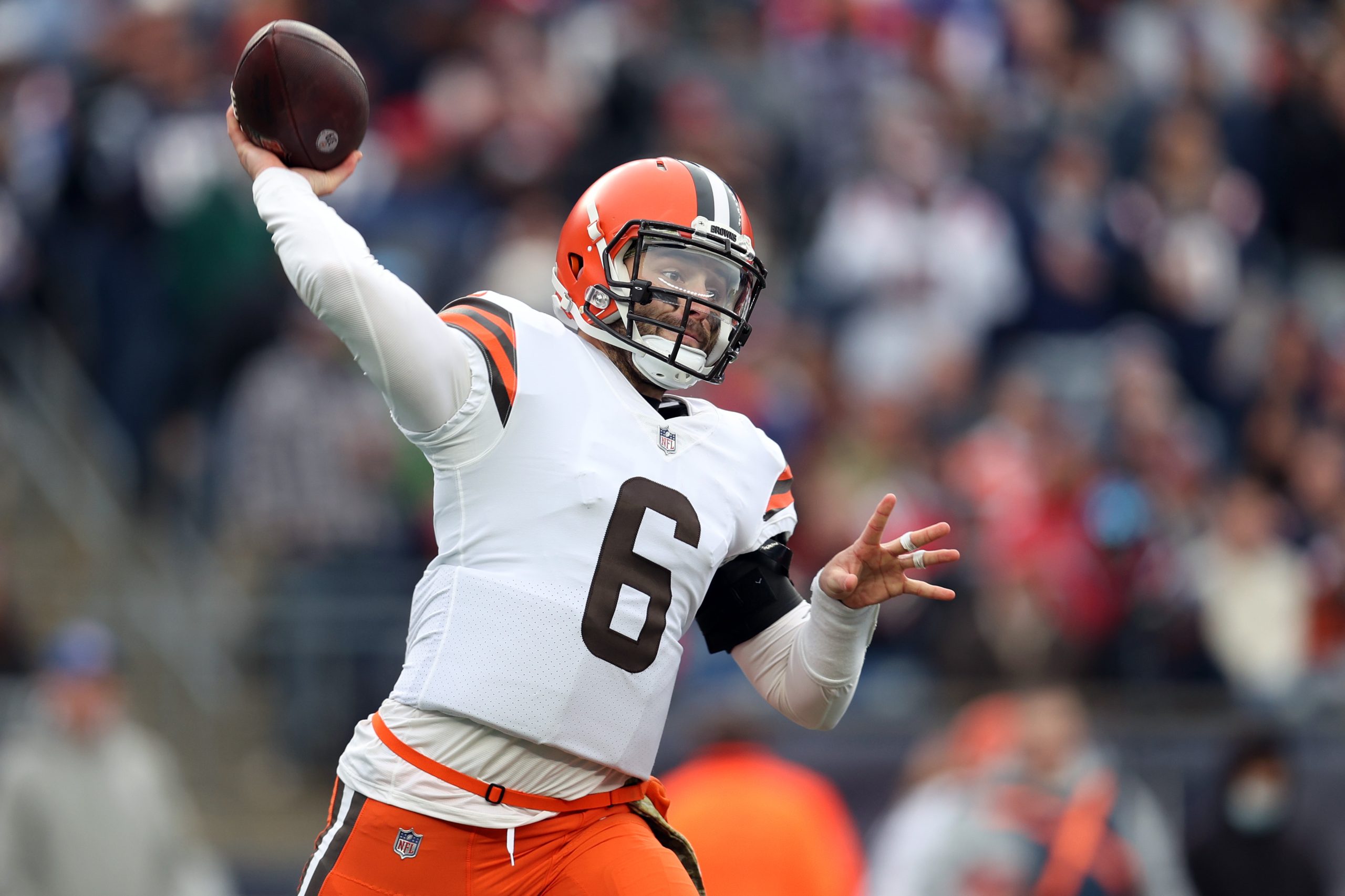 Baker Mayfield #6 of the Cleveland Browns throws a pass against the New England Patriots.