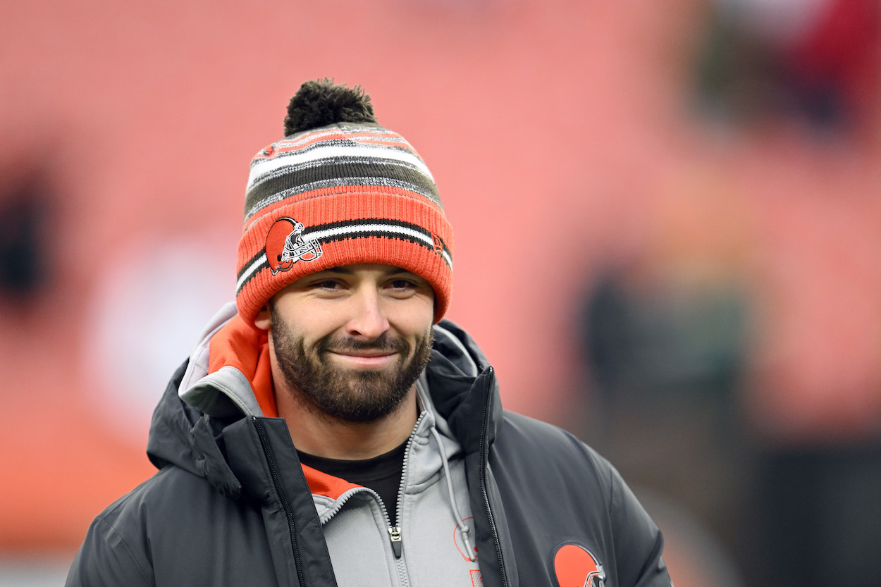 Baker Mayfield of the Cleveland Browns looks on during warm-ups before the game against the Cincinnati Bengals in 2022.