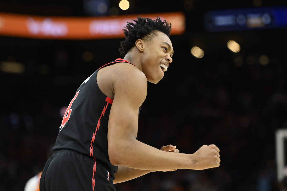 Potential Rookie of the Year Scottie Barnes celebrates for the Toronto Raptors.