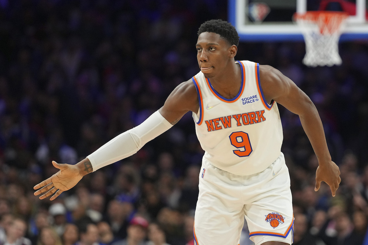 RJ Barrett preps for a high five for the New York Knicks