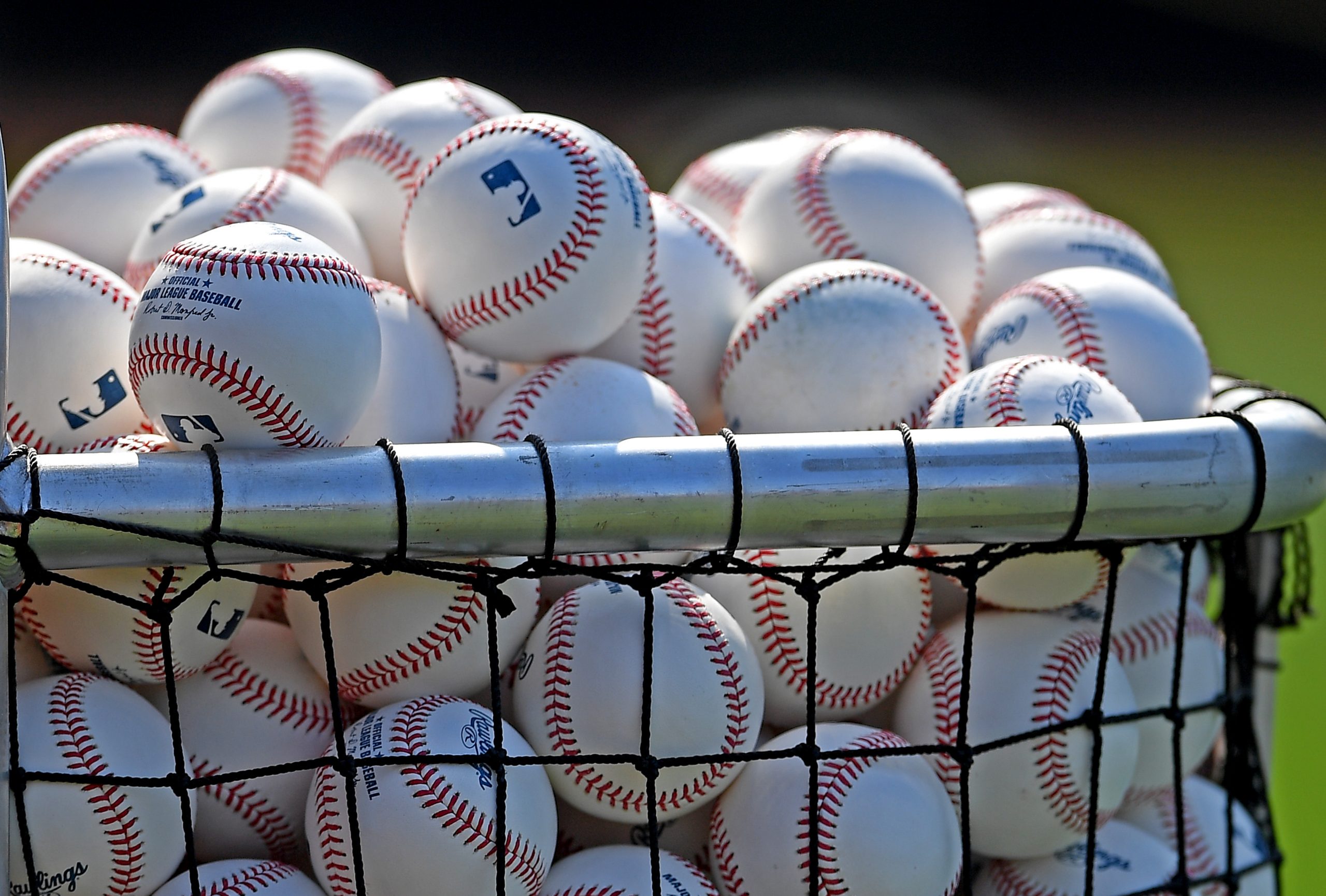 Detailed view of major league balls used for batting practice by the the Seattle Mariners.