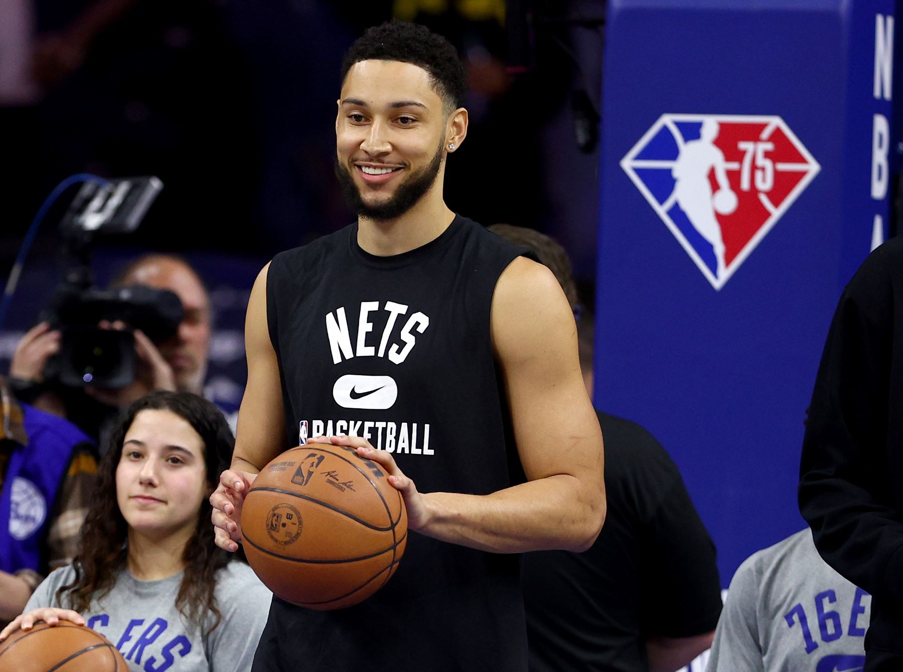 Ben Simmons #10 of the Brooklyn Nets NBA team warming up before a game against the Philadelphia 76ers