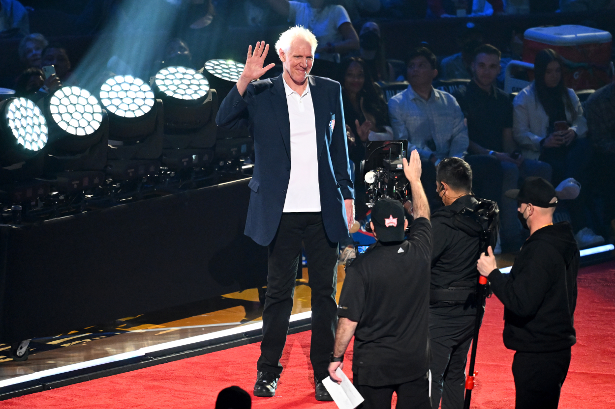 Bill Walton reacts after being introduced as part of the NBA 75th Anniversary Team during the 2022 NBA All-Star Game.