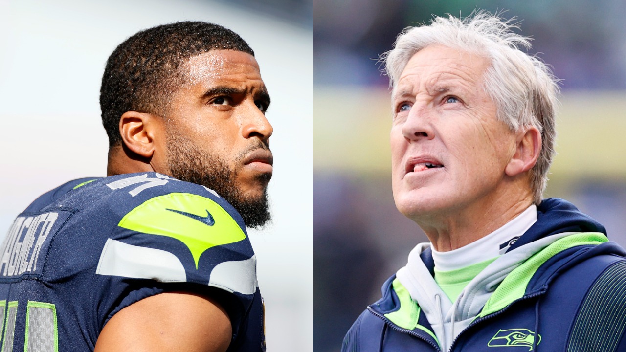 Bobby Wagner looks on before facing the Titans; Seahawks head coach Pete Carroll reacts during game against the 49ers