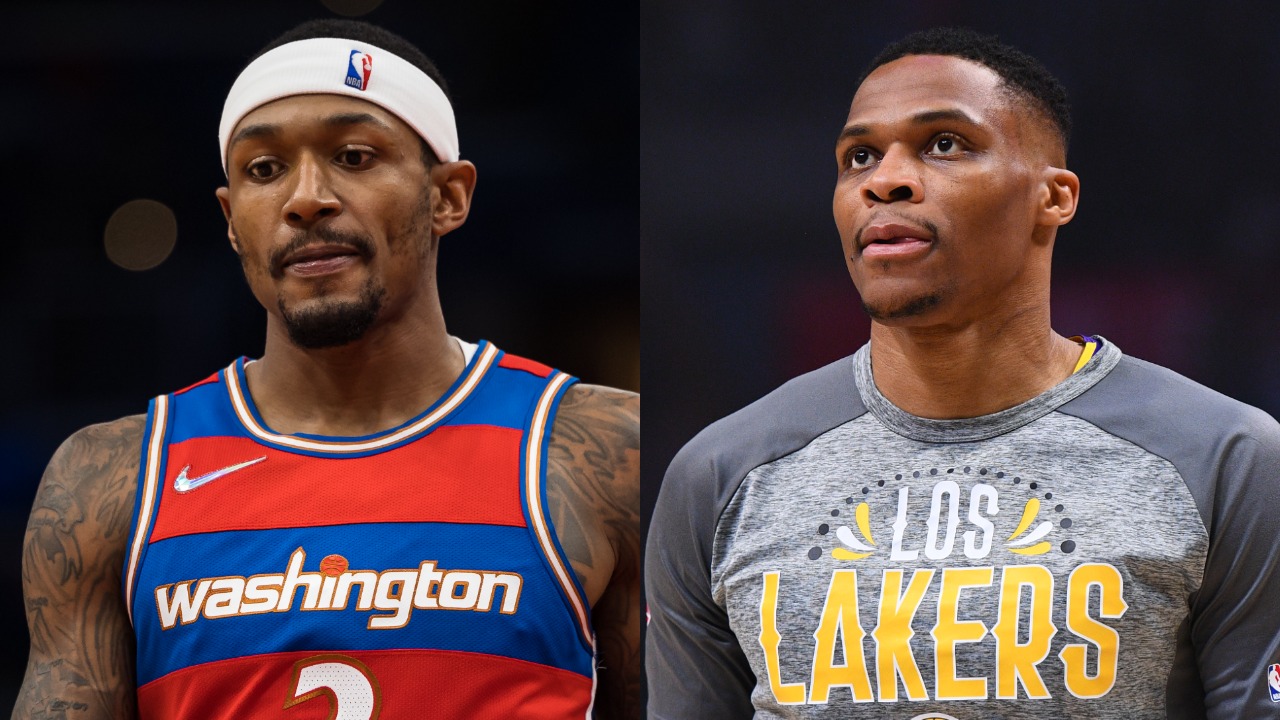 Wizards star Bradley Beal reacts during a game; Lakers guard Russell Westbrook warms up before a game