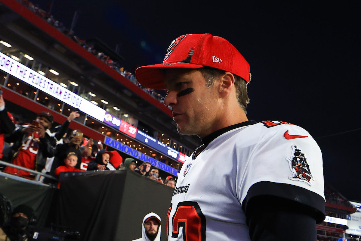 Tom Brady walks off the field for the Tampa Bay Buccaneers