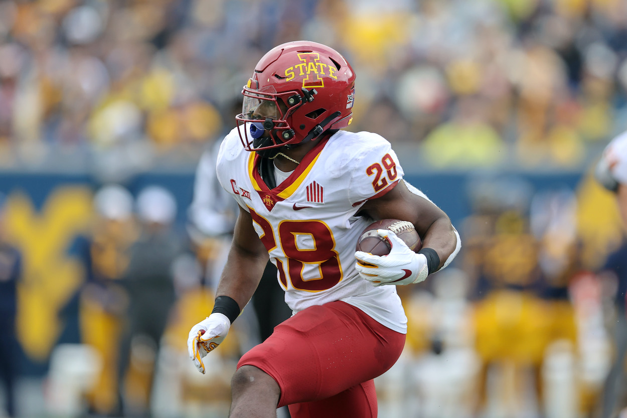 Iowa State RB and potential Buffalo Bills first-round pick in the 2022 NFL Draft Breece Hall runs the ball vs. West Virginia in 2021.