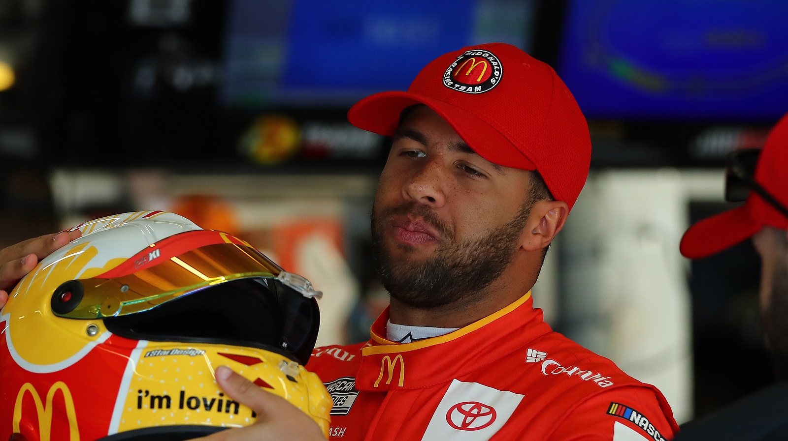 Bubba Wallace, driver of the No. 23 Toyota, prepares for practice for the NASCAR Cup Series Folds of Honor QuikTrip 500 at Atlanta Motor Speedway on March 19, 2022.
