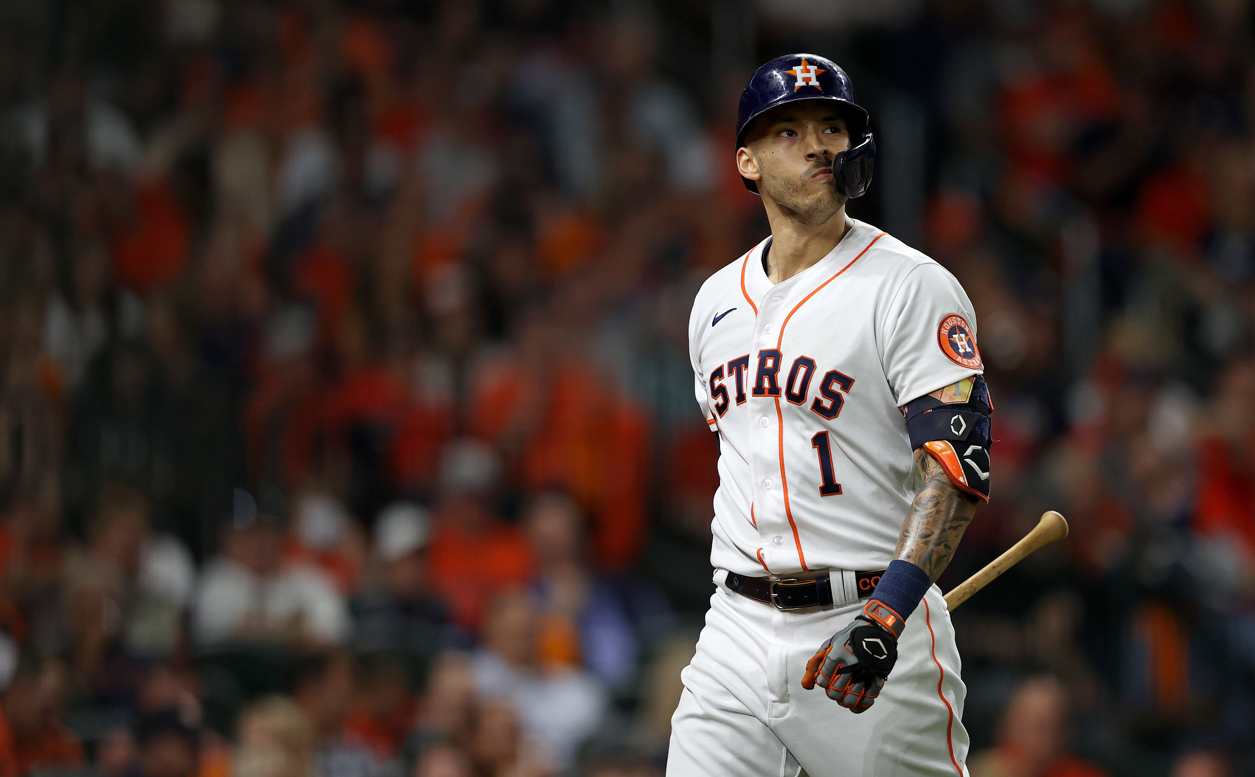 Former Houston Astros shortstop and Chicago Cubs free-agent target Carlos Correa reacts during the 2021 MLB World Series