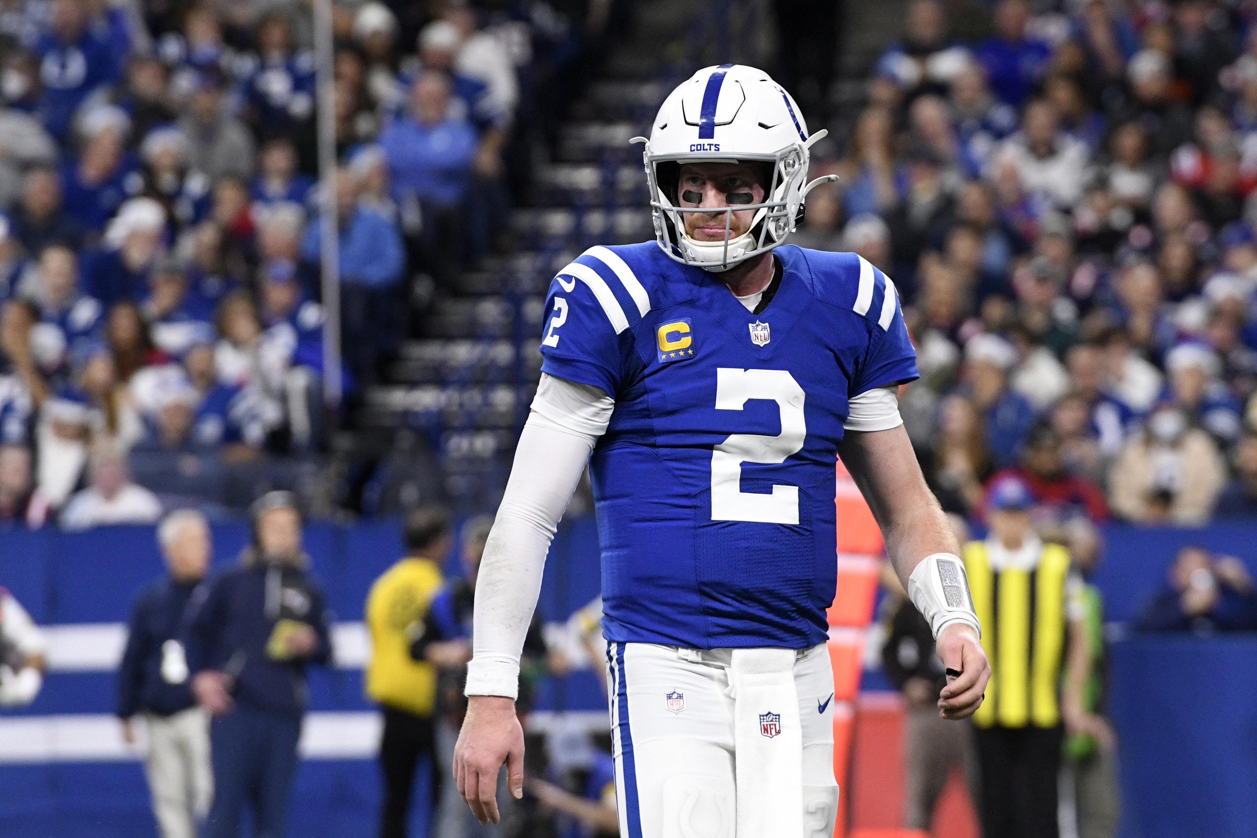 Colts QB Carson Wentz looks on during game against the Patriots