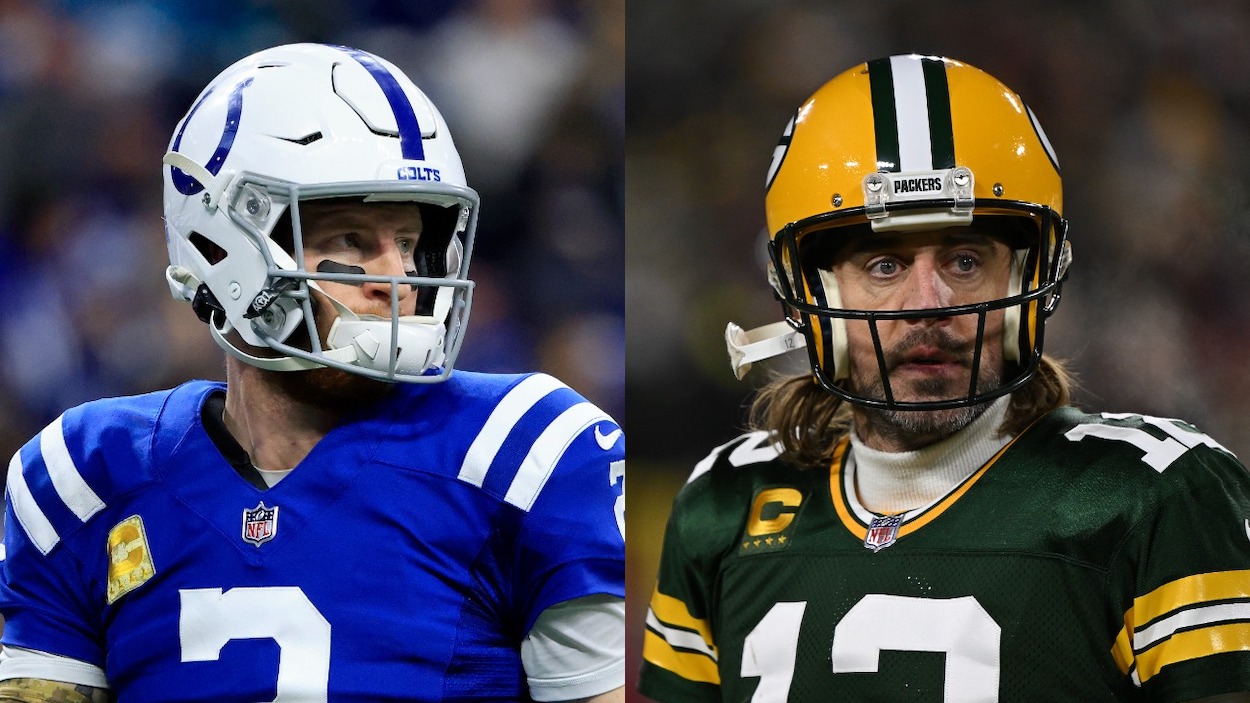 (L-R) Carson Wentz of the Indianapolis Colts looks on in the game against the Jacksonville Jaguars; Aaron Rodgers of the Green Bay Packers reacts during the game against the San Francisco 49ers.