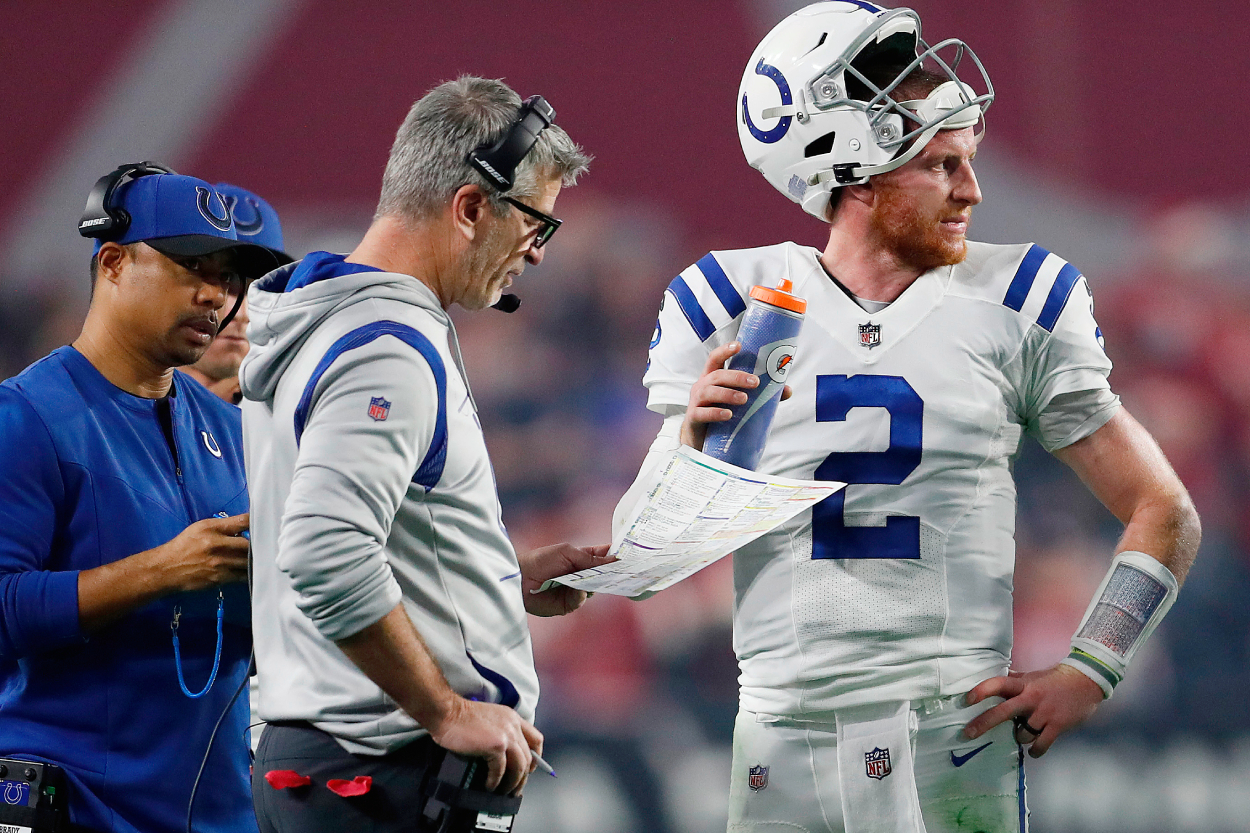 Indianapolis Colts head coach Frank Reich and former quarterback Carson Wentz in 2021.