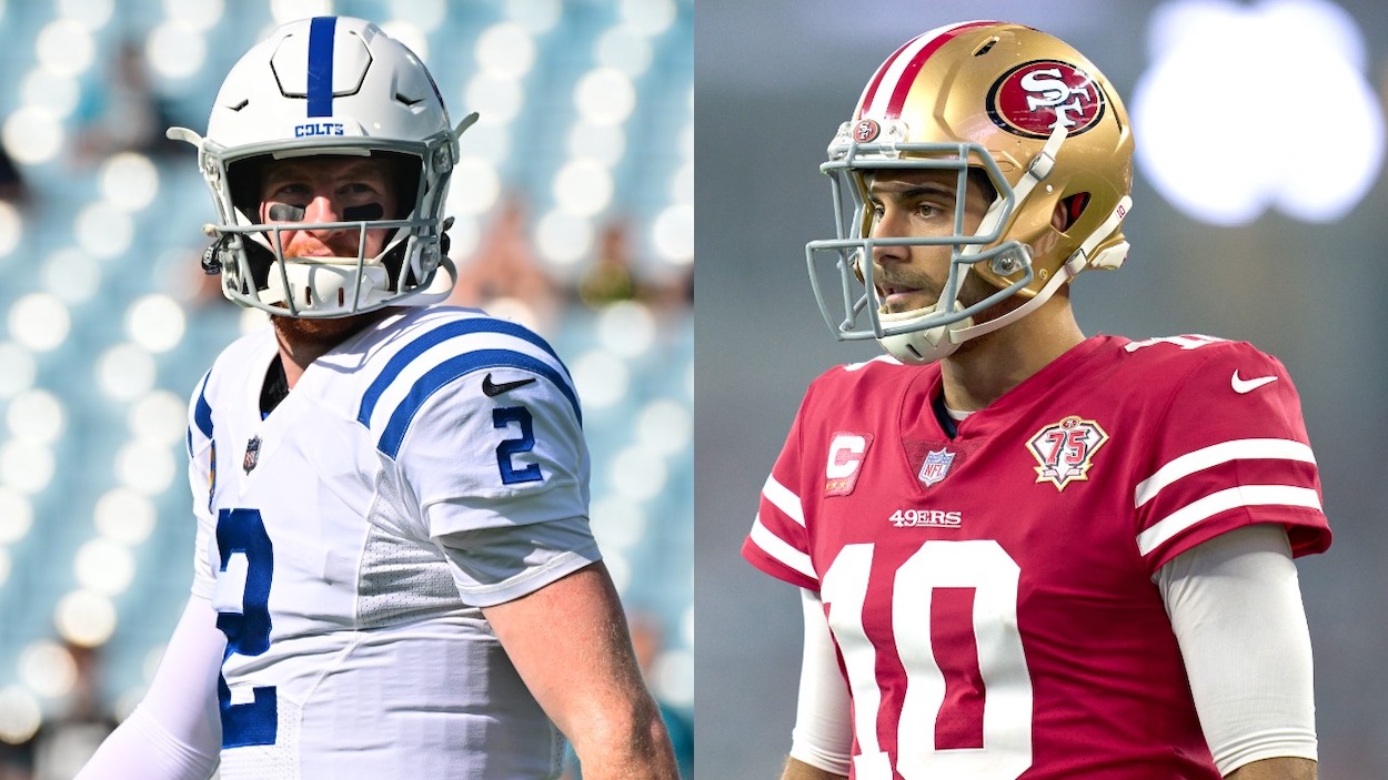 After the Carson Wentz trade to the Washington Commanders, the Indianapolis Colts may be targeting San Francisco 49ers QB Jimmy Garoppolo (R) to replace Wentz (L).
