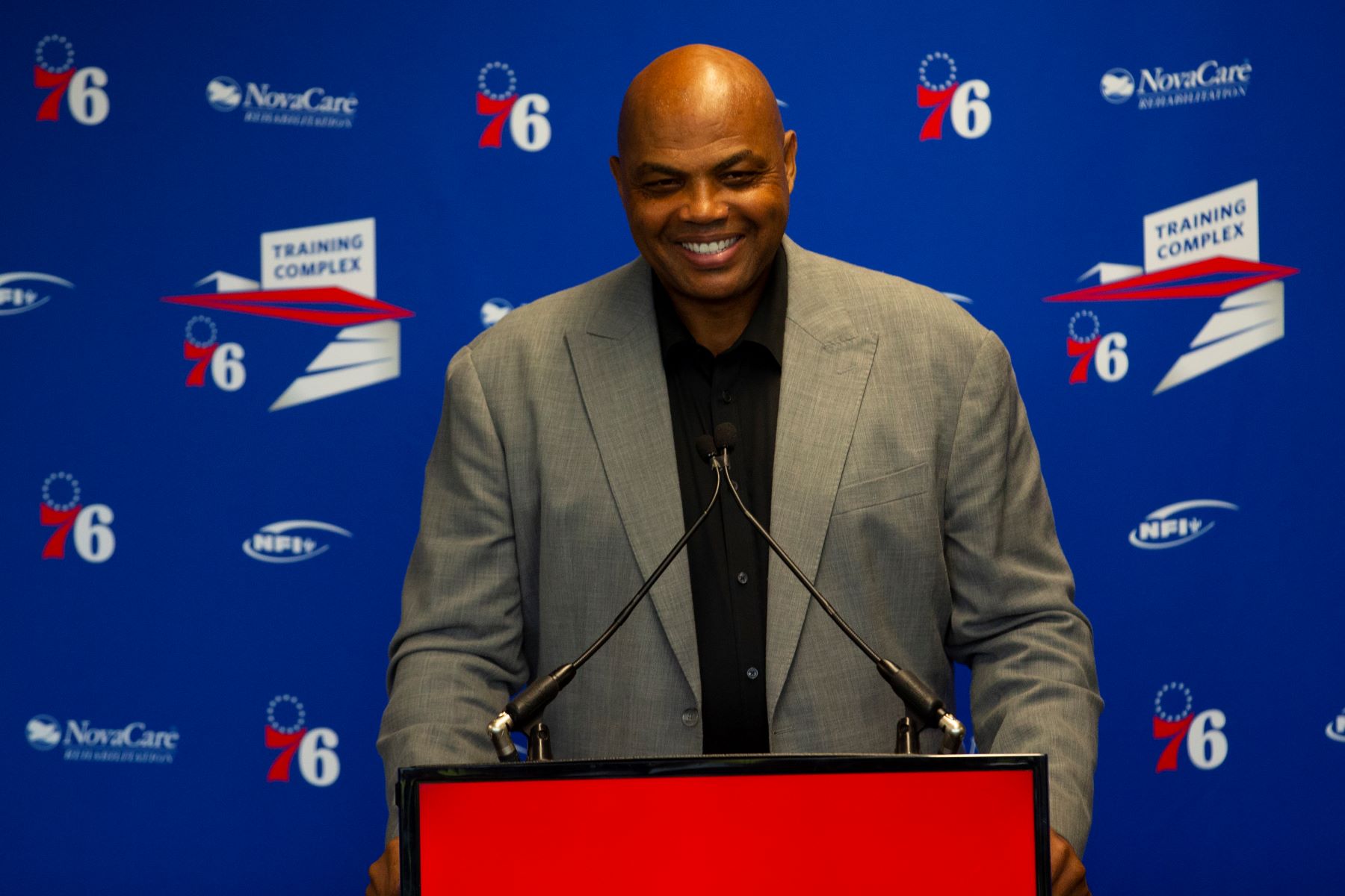 Charles Barkley speaking at the unveiling of the new Philadelphia 76ers new training facility in Camden, New Jersey
