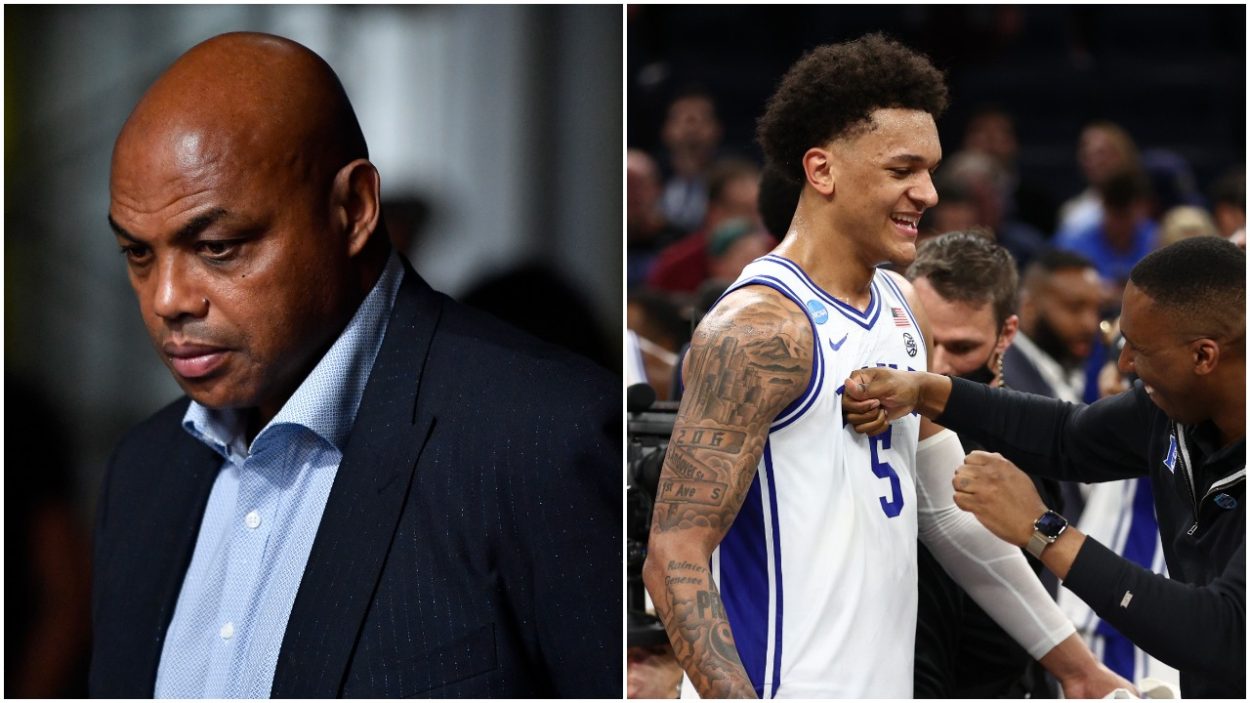 L-R: Charles Barkley at a UFC Fight Night in Las Vegas and Duke Blue Devils star Paolo Banchero celebrating with an assistant coach after an NCAA Tournament win