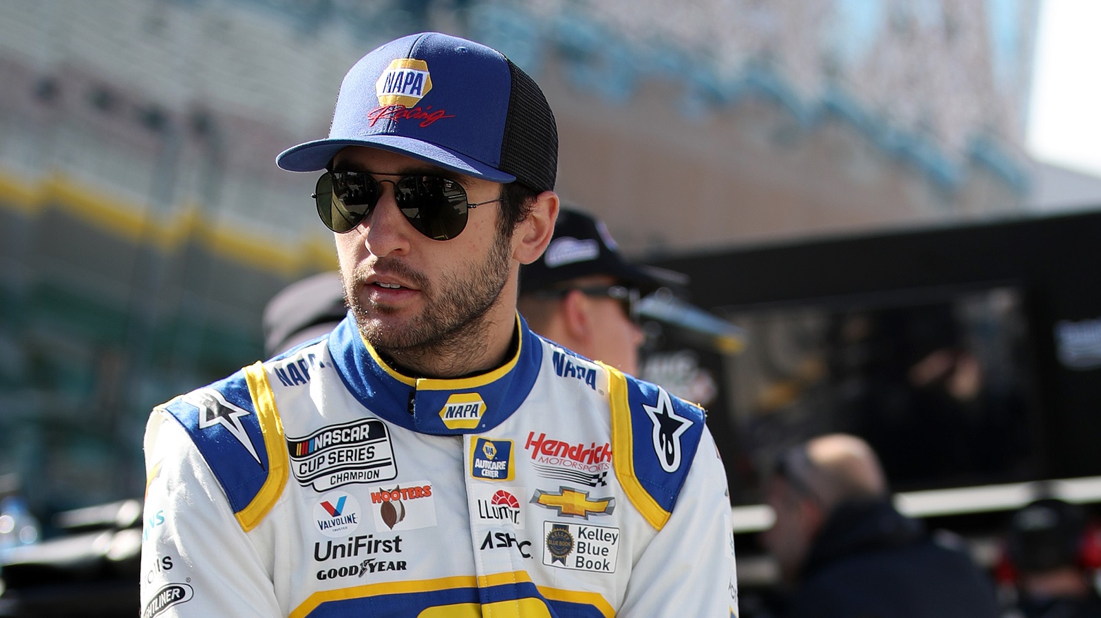 Chase Elliott talks on the grid during practice for the NASCAR Cup Series Pennzoil 400 at Las Vegas Motor Speedway on March 5, 2022.