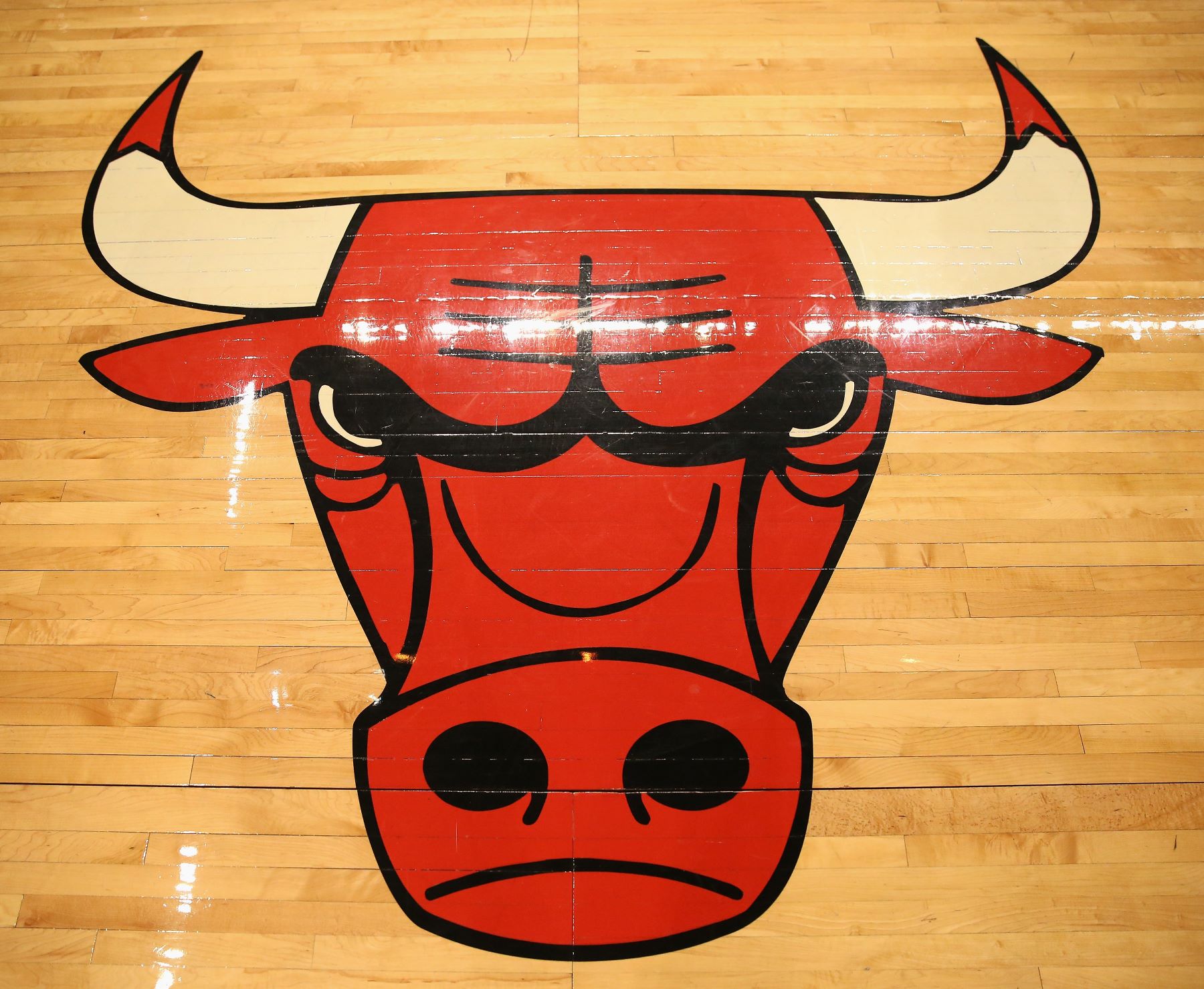NBA team Chicago Bulls logo on the court before a game against the Utah Jazz