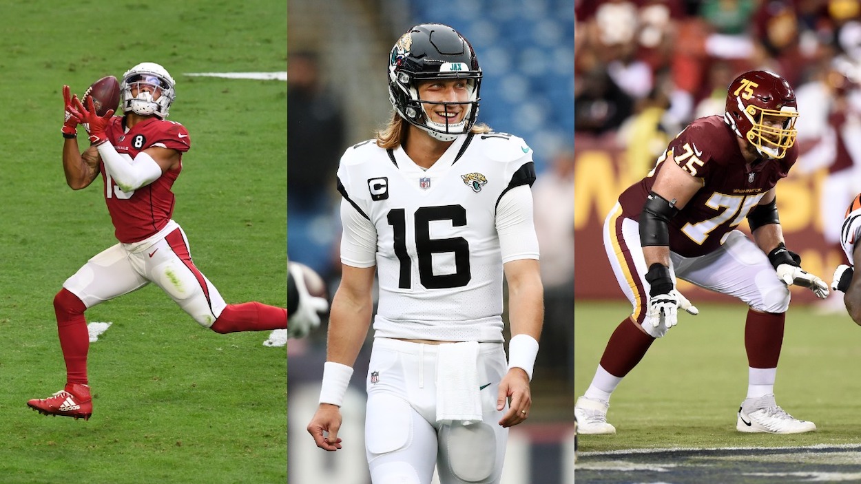 Jacksonville Jaguars free-agent signings Christian Kirk (L) and Brandon Scherff (R) will join QB Trevor Lawrence (C) in 2022.