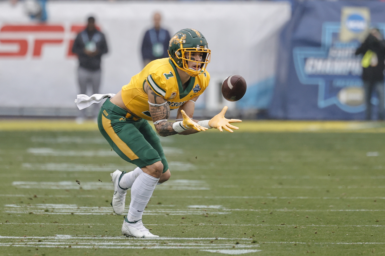 North Dakota State Bison wide receiver Christian Watson catches the football for a first down during the FCS Championship game. Watson could be an NFL draft pick of the Kansas City Chiefs.